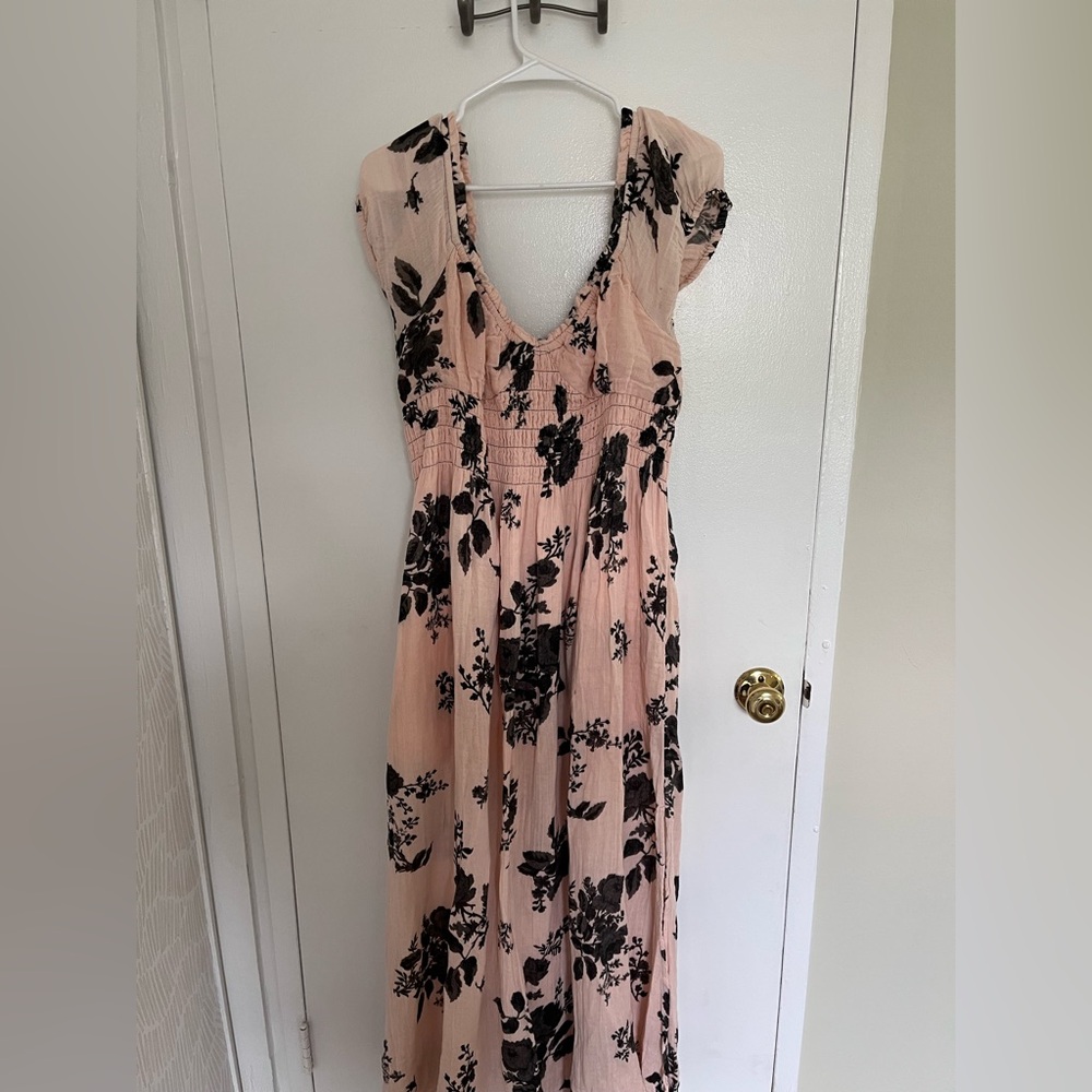 Free People Black and Pink Maxi Sundress with Flutter Sleeves